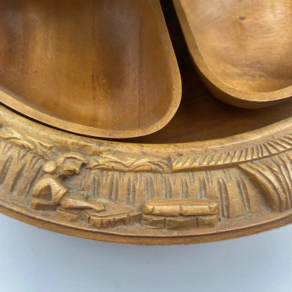 Vintage Hand Carved‎ Monkey Pod Wood 2 Tier Lazy Susan Philippines Tropical Tiki